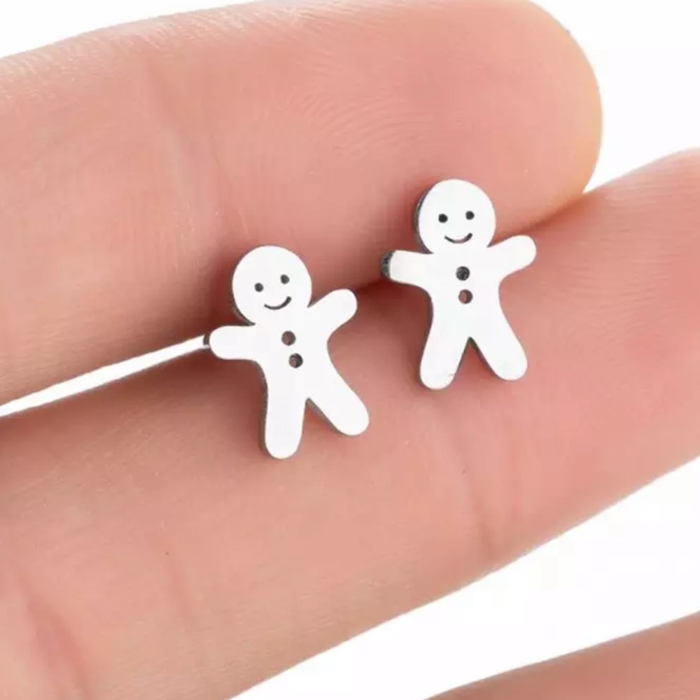 SILVER GINGERBREAD Stainless Steel Stud Earrings With Gift Bag